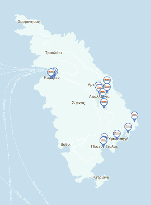 Karte mit den Hotels und Zimmern von Sifnos in Kykladen